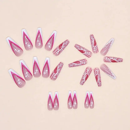 24-piece Long French Patchwork Cobweb Fingernail with 1 Jelly Glue and 1 Nail File