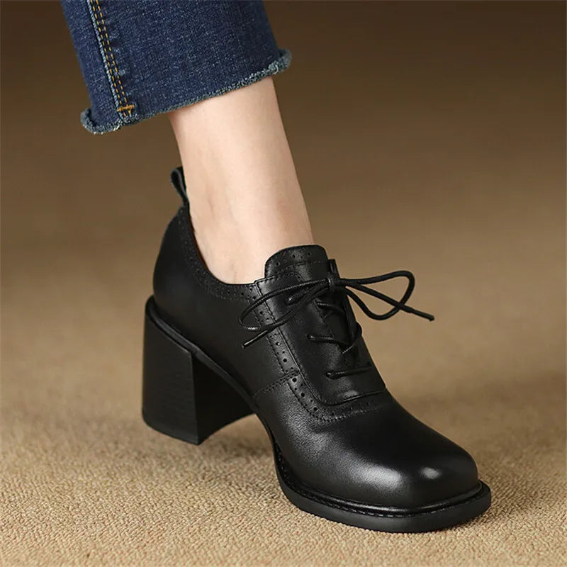 Aichashi New Spring Genuine Leather Women Shoes Square Toe Women Pumps Shoes for Women High Heel Chunky Heel Shoes Zapatos Mujer Loafers