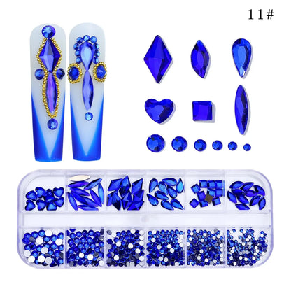 12Gird/Box Colorful Multi Shapes Hotfix Flatback Glass Diamonds 3D DIY Glitter Nail Art Rhinestones Luxurious Decorations