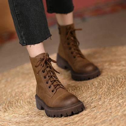 Aichashi Fall Shoes Round Toe Thick Heel Women Shoes Winter Women Boots Split Leather Boots Casual Platform Boots Motorcycle Boots