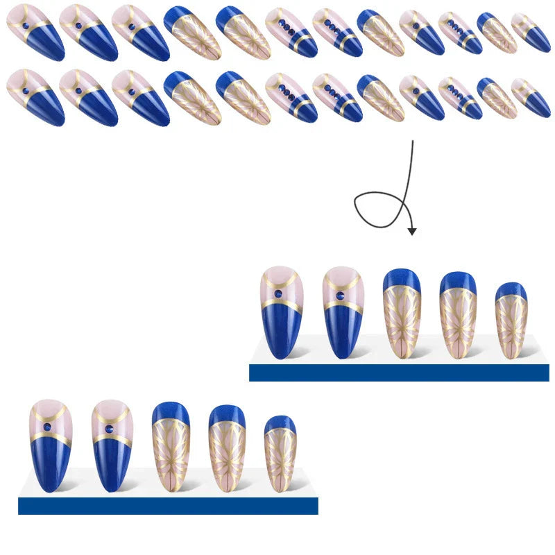 Aichashi 24pcs Mid-length Almond Shape Press On Nails, Blue Fake Nail With Rhinestone Decor, Glitter Full Cover Nails For Women