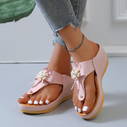 Aichashi New In Retro Ladies Slippers Summer New Beaded Pearl Buckle Flowers Decorative Fashion Women's Shoes Women's Wedge Beach Shoes