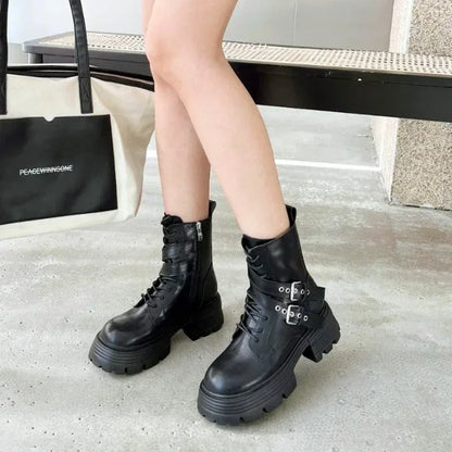 aichashi  -  Fashion Soft Leather Mid-calf Biker Boots Women Winter New Metal Buckle Design Chunky Heel Ankle Boots Punk Style Platform Boots