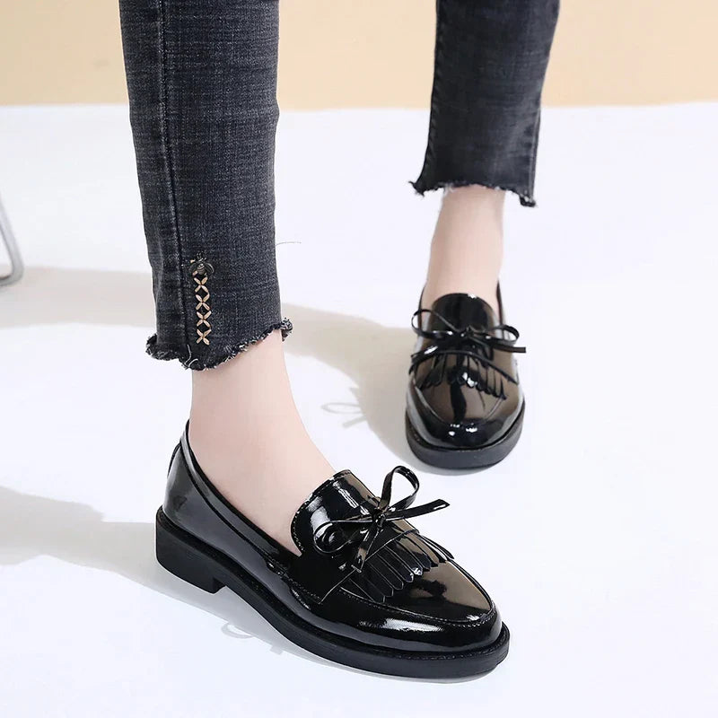 Aichashi Black Patent Leather Women's Loafers Platform Slip on Shoes for Women 2024 Spring British Tassel Casual Flats Shoes Woman