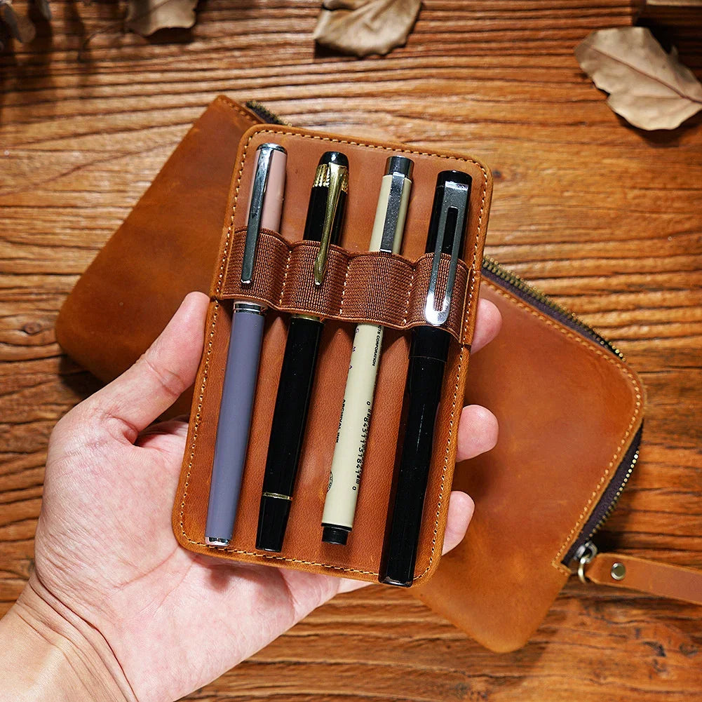 Aichashi Handmade Zipper Pen Case Leather For Men Women Holder Pen Pouch Vintage Pen Box Organizer Boys Girls School Student Stationery