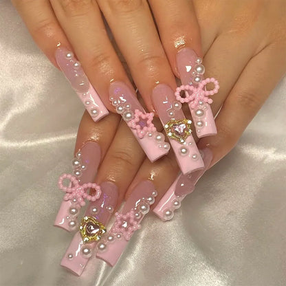 24Pcs Long Ballet False Nails with Bow Designs Pink Coffin Press on Nails Wearable French Fake Nail Full Cover Manicure Tips