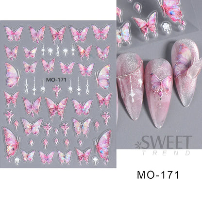 Aichashi Acrylic Engraved Butterfly Nail Manicure Sticker Holographic Crystal Fairy Rose Flowers Adhesive Decals Charm Spring Foils Wraps