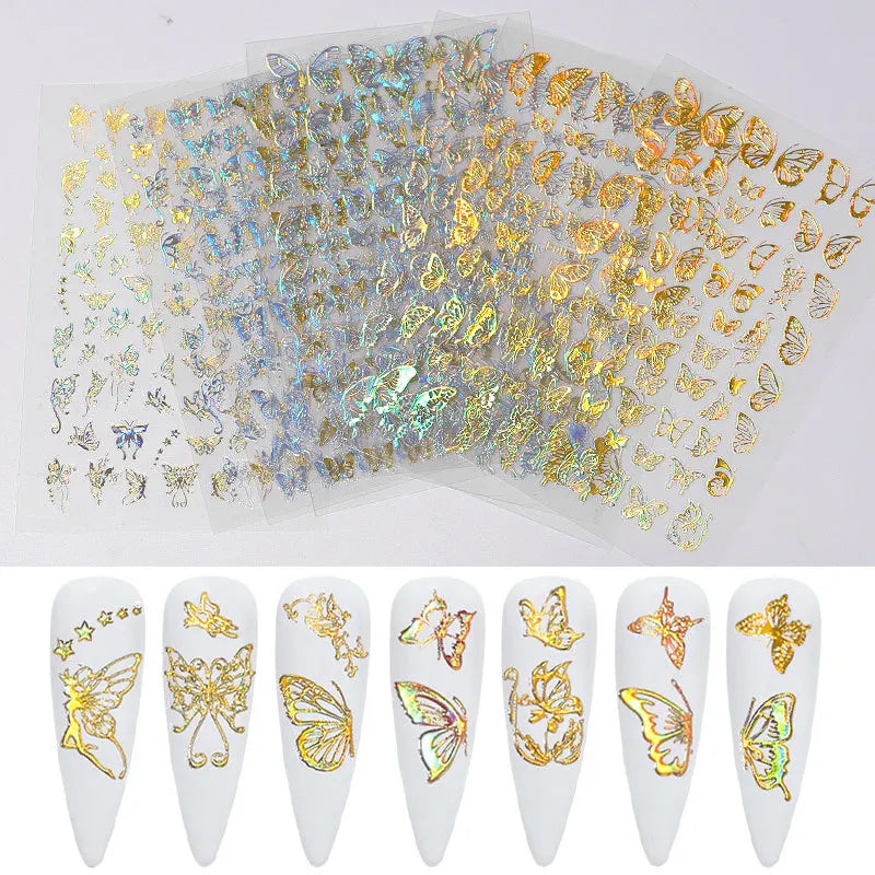 Aichashi 3D Laser Nail Stickers for Nail Art Decorations Gold Sliver Butterfly Nail Bronzing Stereoscopic Decals