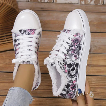 Aichashi Halloween Women's Skull Bat Pattern Vulcanized Shoes Shoes Flat Shoes Fashion Lace Up Sneakers Female Casual Breathable Canvas Shoe 2024