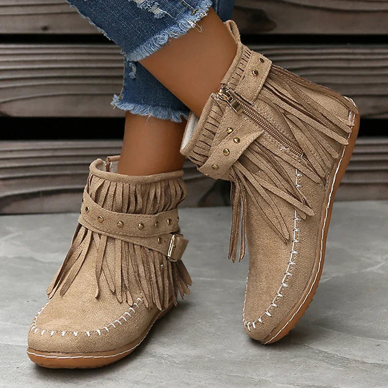 Aichashi Bohemian Style Tassels Ankle Boots Women Retro Faux Suede Buckle Strap Short Boots Woman Plus Size 43 Flat Heels Western Botas