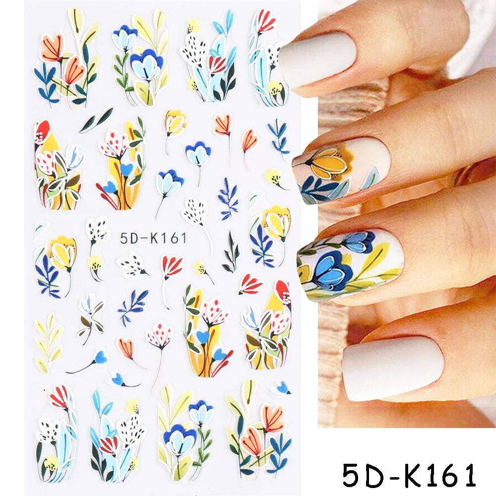 Aichashi 5D Embossed Nail Stickers Flowers Bird Geometric Lines Gold Frame Floral Nail Decals Cherry Blossom Y2K Manicure Decor