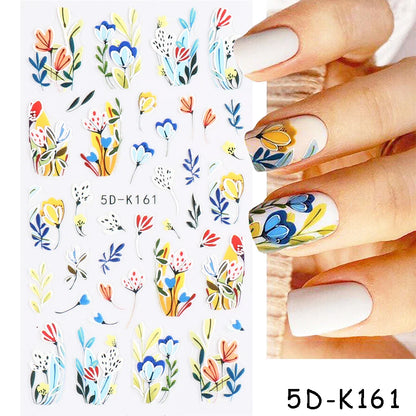 Aichashi 5D Embossed Nail Stickers Flowers Bird Geometric Lines Gold Frame Floral Nail Decals Cherry Blossom Y2K Manicure Decor