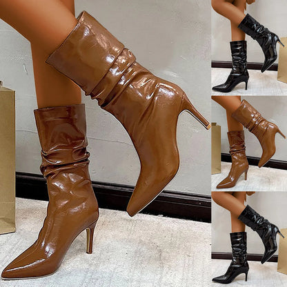 Aichashi Fall High Heeled Leather Boots High Heeled Mid Sexy Pointed Toe Fashion Boots Women's Shoes Boot Stretcher Women Calf