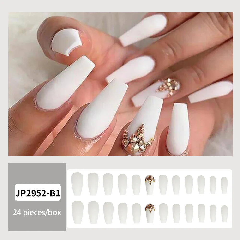 24 Pcs Medium Long Ballerina Press On Nails White Fake Nails With Rhinestone matte Reusable Artificial False Nails For Women