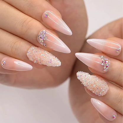 24Pcs French Almond False Nails Glitter with Rhinestones Wearable Fake Nails Artificial Simple Full Cover Press on Nails Tips