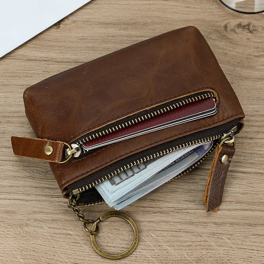 Aichashi Genuine Leather Zipper Coin Wallet Men Wowen Natural Leather Small Short Purse Card Holder Cash Clutch Wallets Key Ring