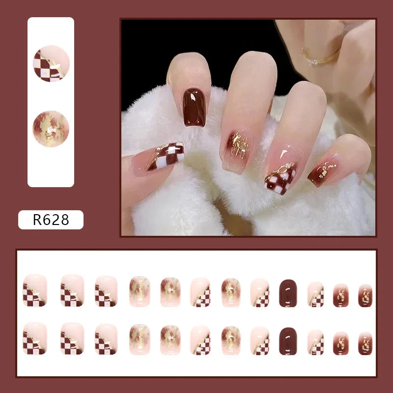 24Pcs Almond False Nails With Tools Cute Heart Strawberry Chili Design French Checkerboard ABS Press On Nails Fake Tips Wearable