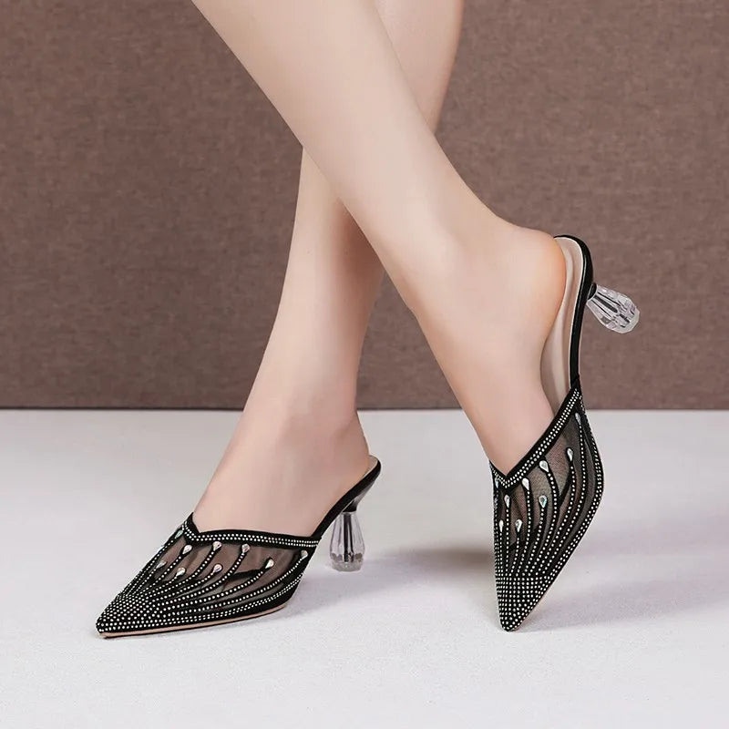 Aichashi 2024 Summer New Mesh Diamond Slippers for Women's Fashion Outwear Pointed Crystal Heel High Heel Slippers