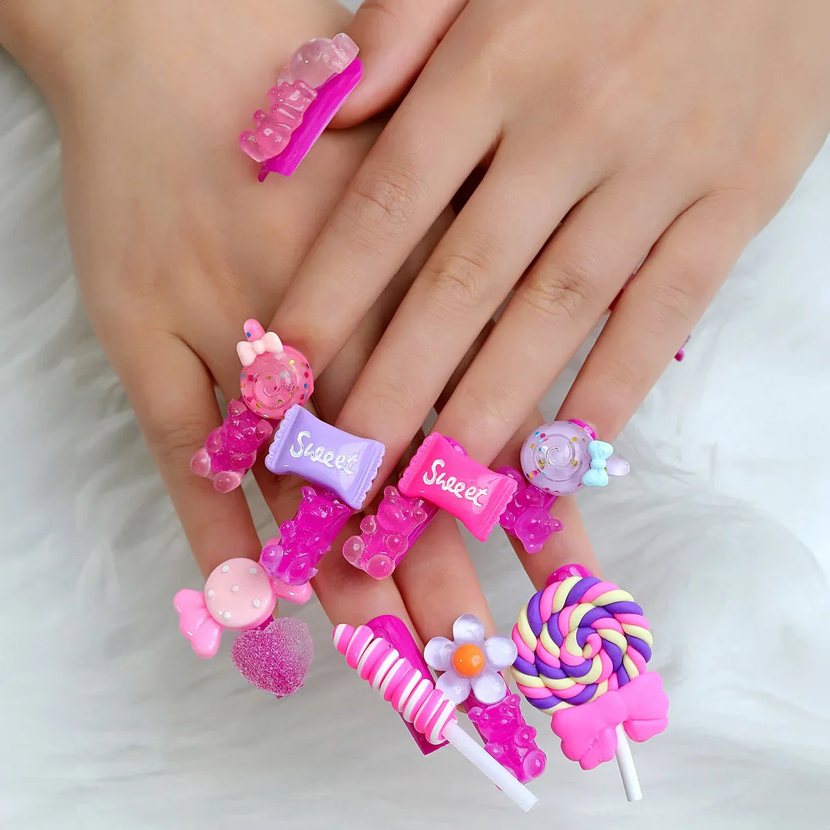 Aichashi 24Pcs Artifical Fake Nails with candy star Designs False Nails Long Coffin Press on Nails Wearable Ballet Fingernaills Nail Tip