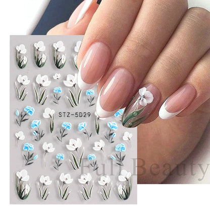 Aichashi 5D Simple Flowers Nail Embossed Stickers Elegant Wedding Design Adhesive Sliders Floral Textured Engraved Decoration Supplies