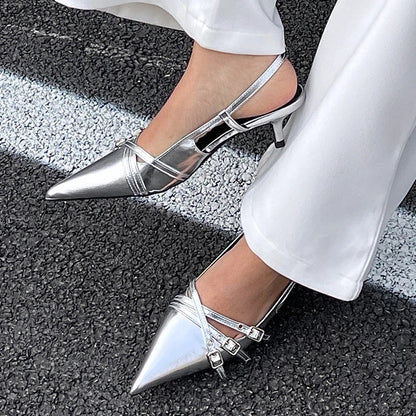 aichashi  -  Female Shallow Footwear New In  Ladies Medium Heels Shoes Slingbacks Fashion Metal Buckle Pumps Elegant Women Heeled Shoes