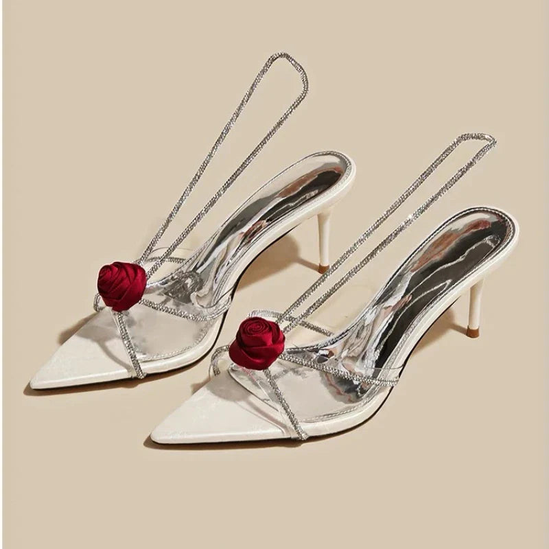 aichashi  -  Flower Designer High Heels Brand Slingback Pumps Woman Sexy Party Dress Transparent Crystal Luxury Rose Flowers Sandals Female