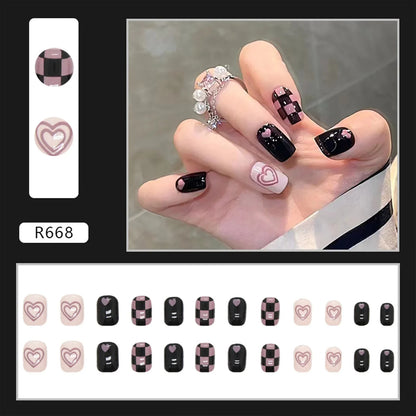 24Pcs Fashion Fake Nails Press on Nail Cute Bear Milk Tea Color Chessboard Grid Pattern Artificial nail Tips with Jelly glue