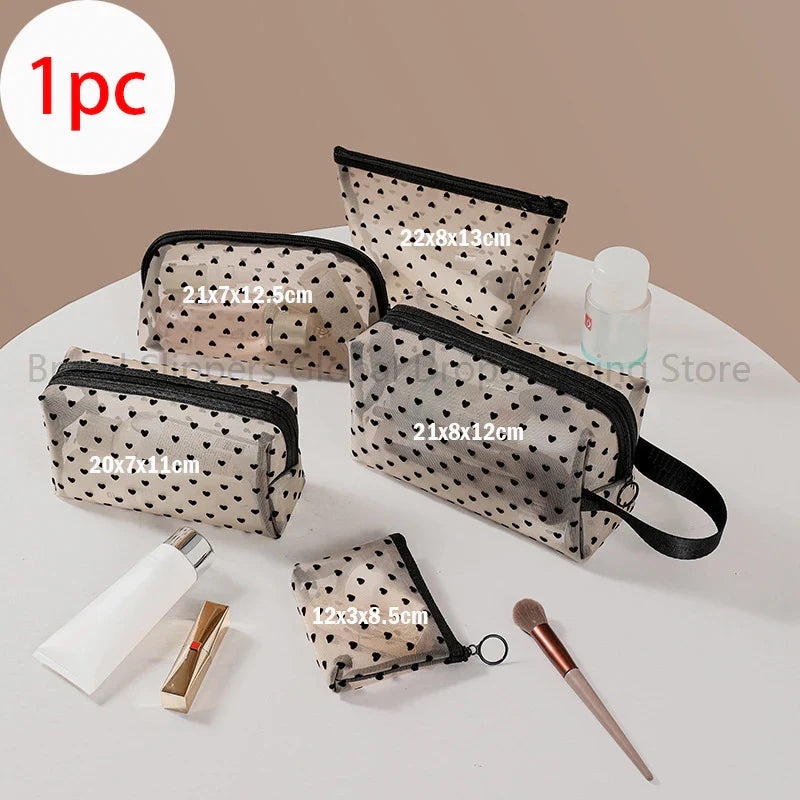 1pc Love Print Mesh Cosmetic Bag Portable Toiletry Organizer Makeup Bag Multifunction Transparent Women Lipstick Storage Pouch