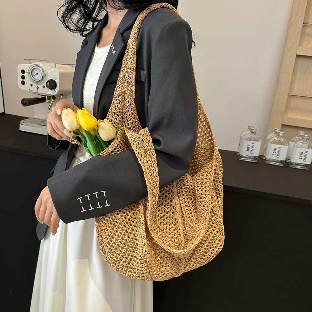 Aichashi Fashion Crochet Tote Bag for Women Summer Beach Straw Handbag Large Capacity Hollow Out Knitted Bags Bohemian Woven Shoulder Bag