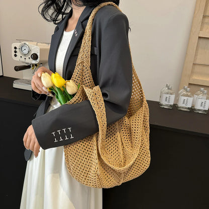 Aichashi Fashion Crochet Tote Bag for Women Summer Beach Straw Handbag Large Capacity Hollow Out Knitted Bags Bohemian Woven Shoulder Bag