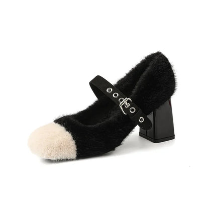 aichashi  -  Fashion Furry Mary Jane Shoes Women Winter Cute Warm High Heels Square Heel Belt Buckle Design Women Pumps Zapatos De Mujer