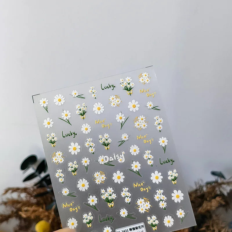 5D Realistic Relief Spotlessly White Blossoming Daisy Bouquet Flowers Adhesive Nail Art Stickers Decals Manicure Ornaments