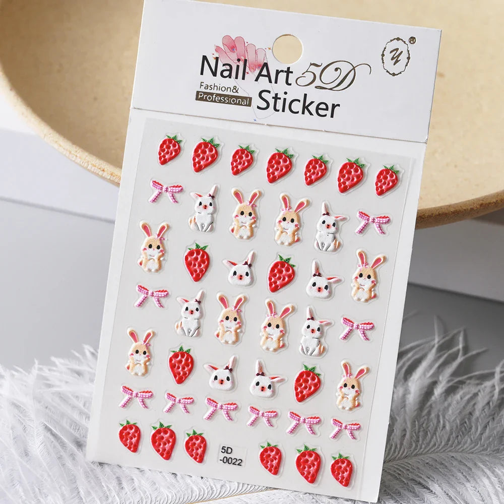 1PC 5D Macaron Flower/Fruit Nail Charms Sticker Embossed Bear/Rabbit/Letter Nails Slider Decals Summer Adhesive Manicure Decor&Y