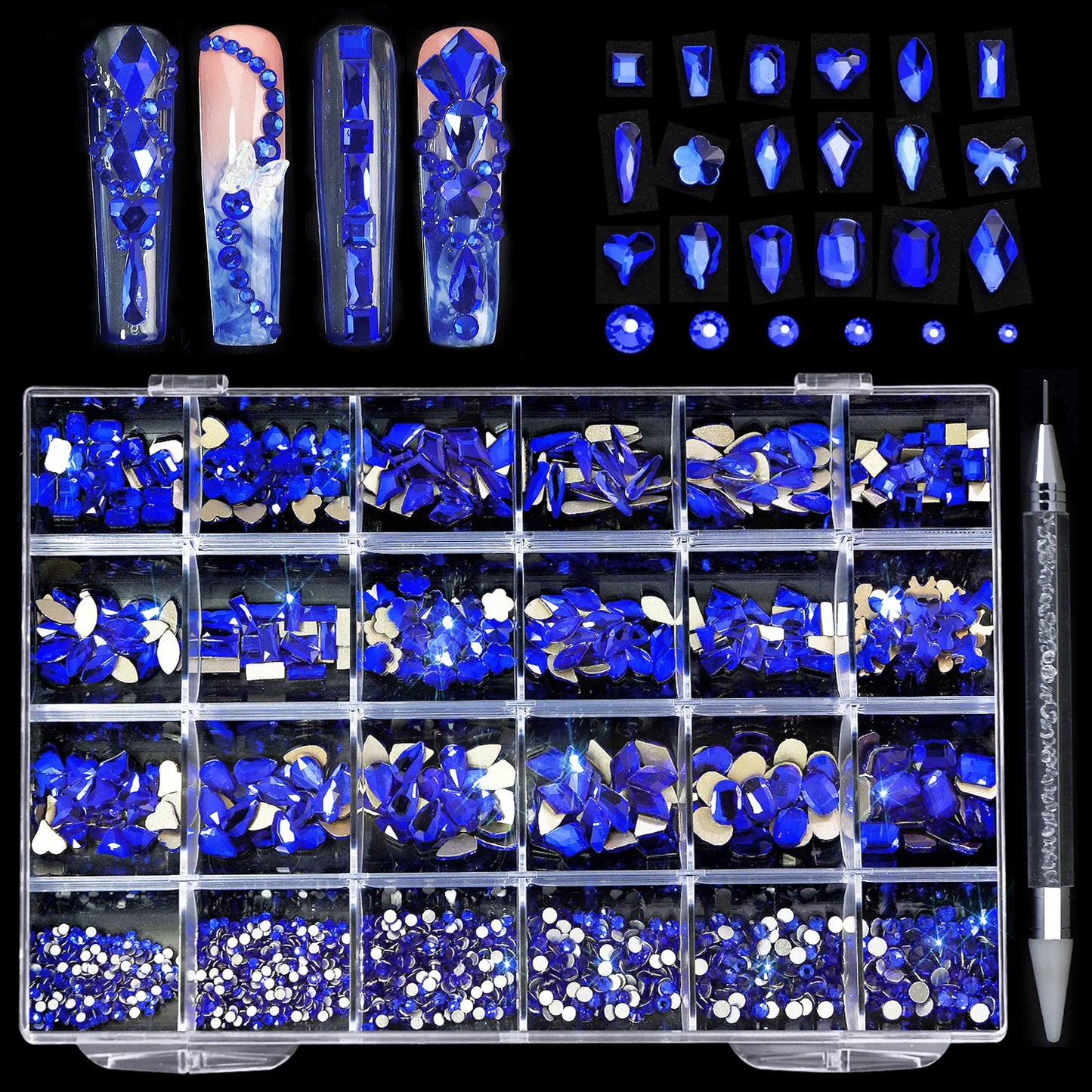 24grids Mixed Shapes Jewelry Luxury Shiny Diamond For Nail Art Decorations DIY Glass Crystal Set with Dot Drill Pen