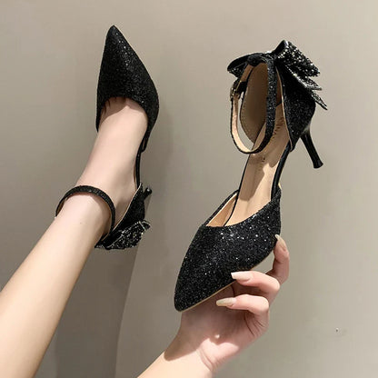 aichashi Luxury Silver Sequin High Heels Wedding Shoes Women Autumn Crystal Bowtie Ankle Straps Bridal Shoes Woman Thin Heeled Pumps