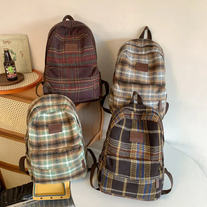 Aichashi BACK TO SCHOOL Vintage Plaid Woollen Cloth Women's Backpack Student Book Backpacks for Teenage Girls School Bags Large CapacityTravel Rucksack