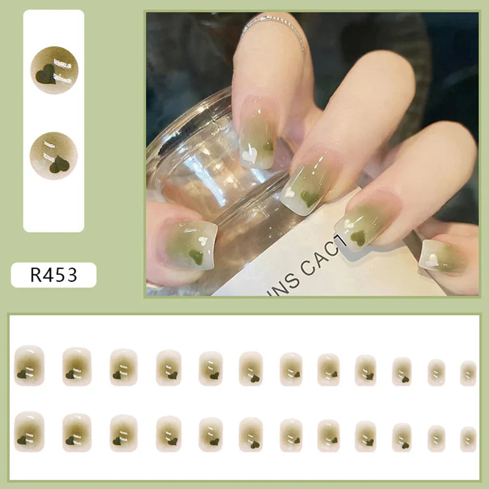 24pcs Gradient False Nails Cute Star Printed Design Fake Nail Short Square Faux Ongles Manicure Nail Stickers Press On Nail Tips