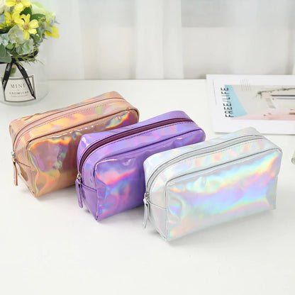 Aichashi BACK TO SCHOOL New Solid Color Laser Cosmetic Bag Ins Wind Portable Wash Storage Bag Makeup Gift Bag Makeup Pouch Travel Cosmetic Organizer