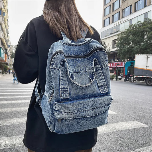 Aichashi Denim Backpack For Women And Men Casual Large Capacity Laptop Bagpack College Student School Bags Book Fashion Blue Travel bolsa