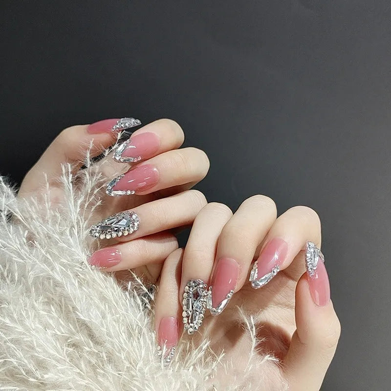 24Pcs Luxury Fake nail tips Women Wearable Press on Nails with Gold Glitter Diamond Full Cover Coffin Artificial Nails Tips