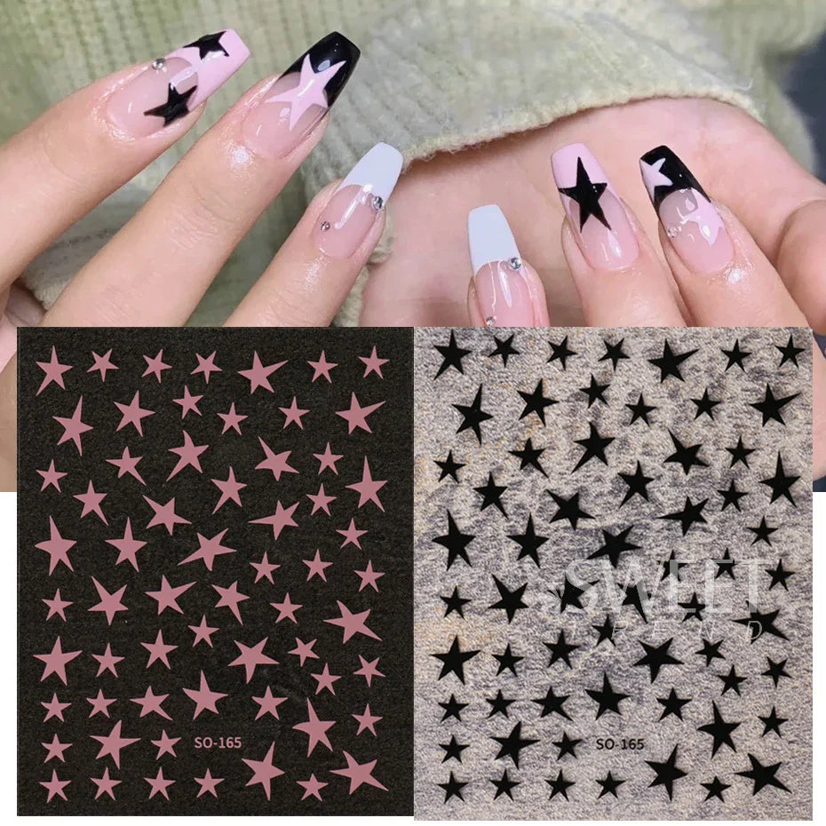 3pcs White Black Stars Nails Stickers Irregular Pentagram Decals Pink Laser Shiny Glitters Starlight Manicure Ornaments Sliders