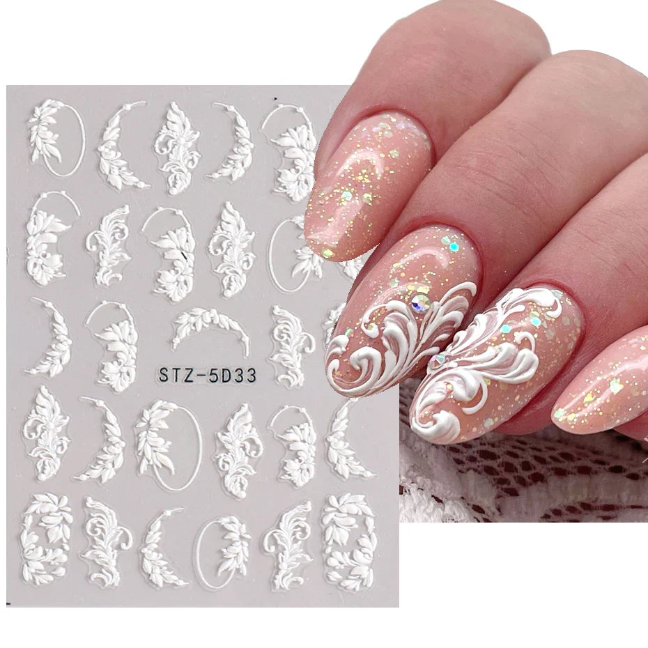 2Pcs 5D Acrylic Lace Flowers Nail Stickers Decals White Wedding Design Simple Floral Embossed Sliders DIY Nails Accesories