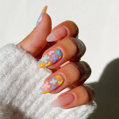 24Pcs Colorful Flowers Design False Nails with Glue Summer Almond Round Fake Nails Wearable Press on Nails Full Cover Nail Tips