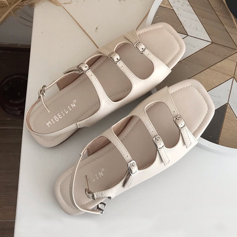 Aichashi Designer Buckle Strappy Sandals Woman Flat Sandalias Summer Shoes Office Sandals Square Toe Pu Leather Slides Flips Flops