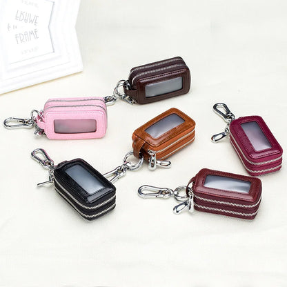 Car Key Chain, Universal Car Auto Split  Leather 2 Zipper Key Case Holder Storage Bag  For  Man