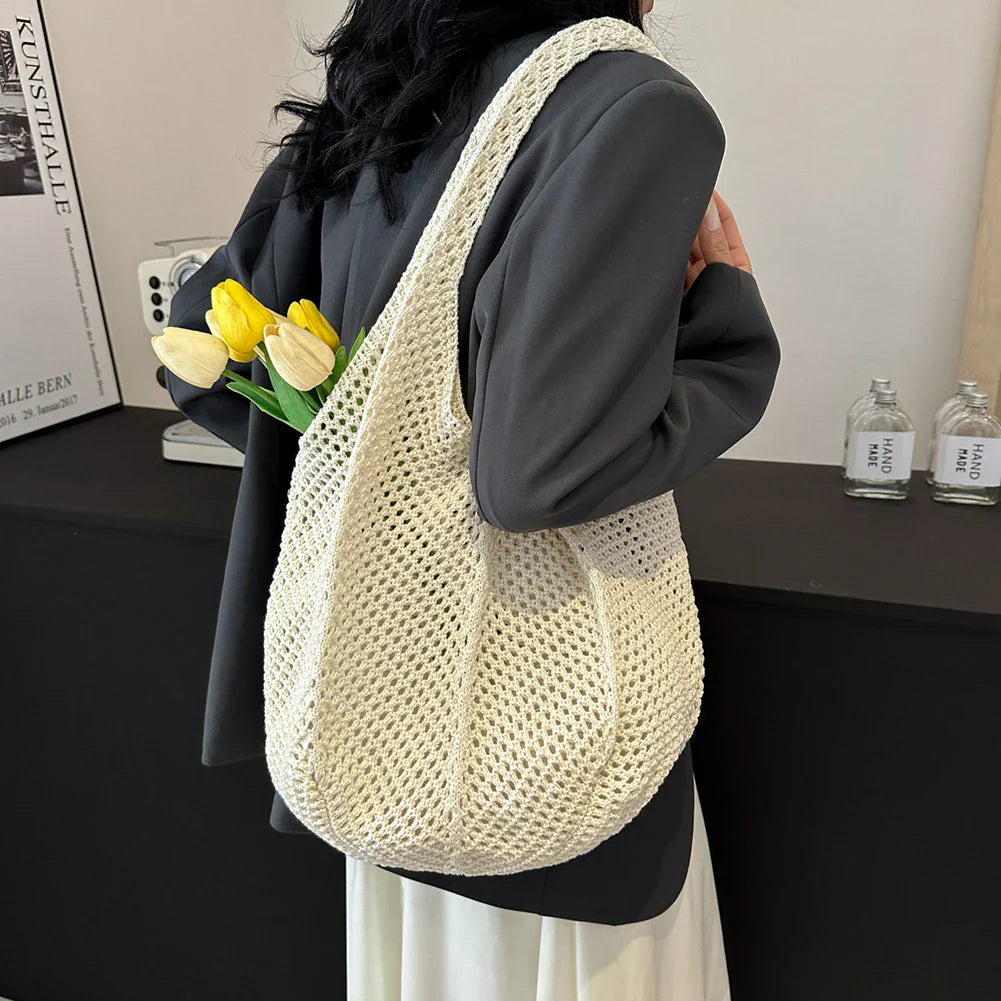 Aichashi Fashion Crochet Tote Bag for Women Summer Beach Straw Handbag Large Capacity Hollow Out Knitted Bags Bohemian Woven Shoulder Bag