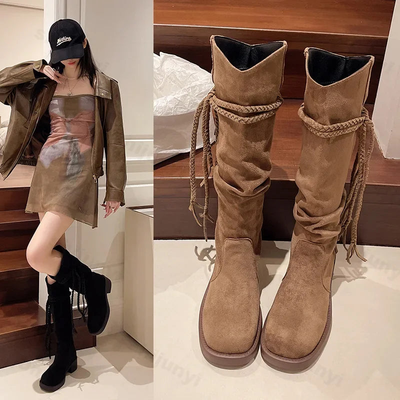 aichashi  -  Women Suede Knee High Boots New Fashion Tassels Western Cowboy Boots Round Toe High Heels Shoes Roman Female Long Boots