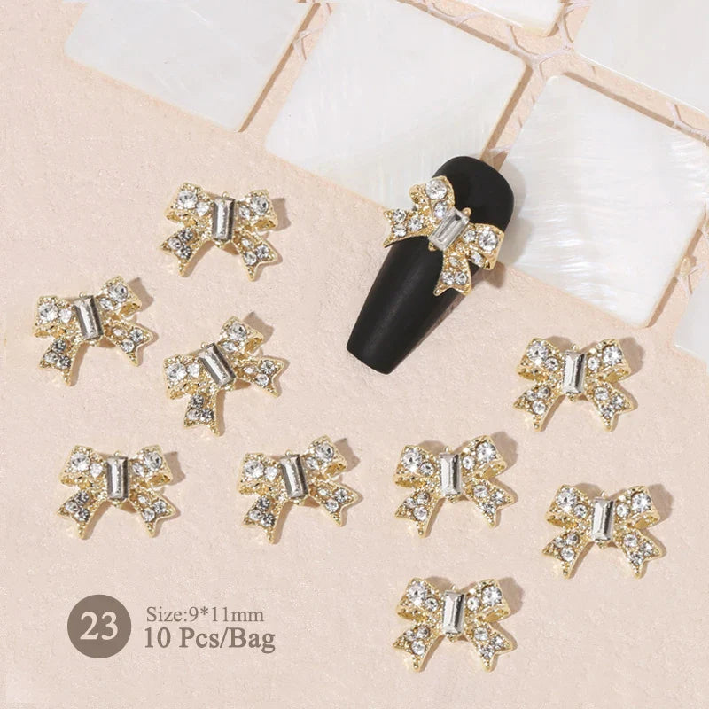 Aichashi 10pcs/bag Butterfly Shaped Nail Rhinestone Star Flower Nail Charm Silver Gold Alloy Nail Pearl Jewelry Accessories Nail Supplies