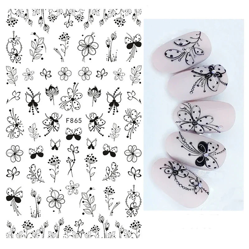 Aichashi 1PCS Black White Butterfly Laser Nail Stickers Y2K Nail Art Decoration Abstract Lines Bronzing Flowers Stickers For Nails