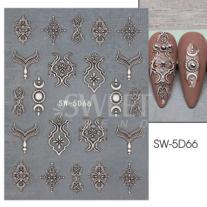 Aichashi 5D Embossed Filigree Stickers Nail Design Brown White Lace Necklace Adhesive Nail Decals Star Moon Carved Decor Sliders SASW-5D